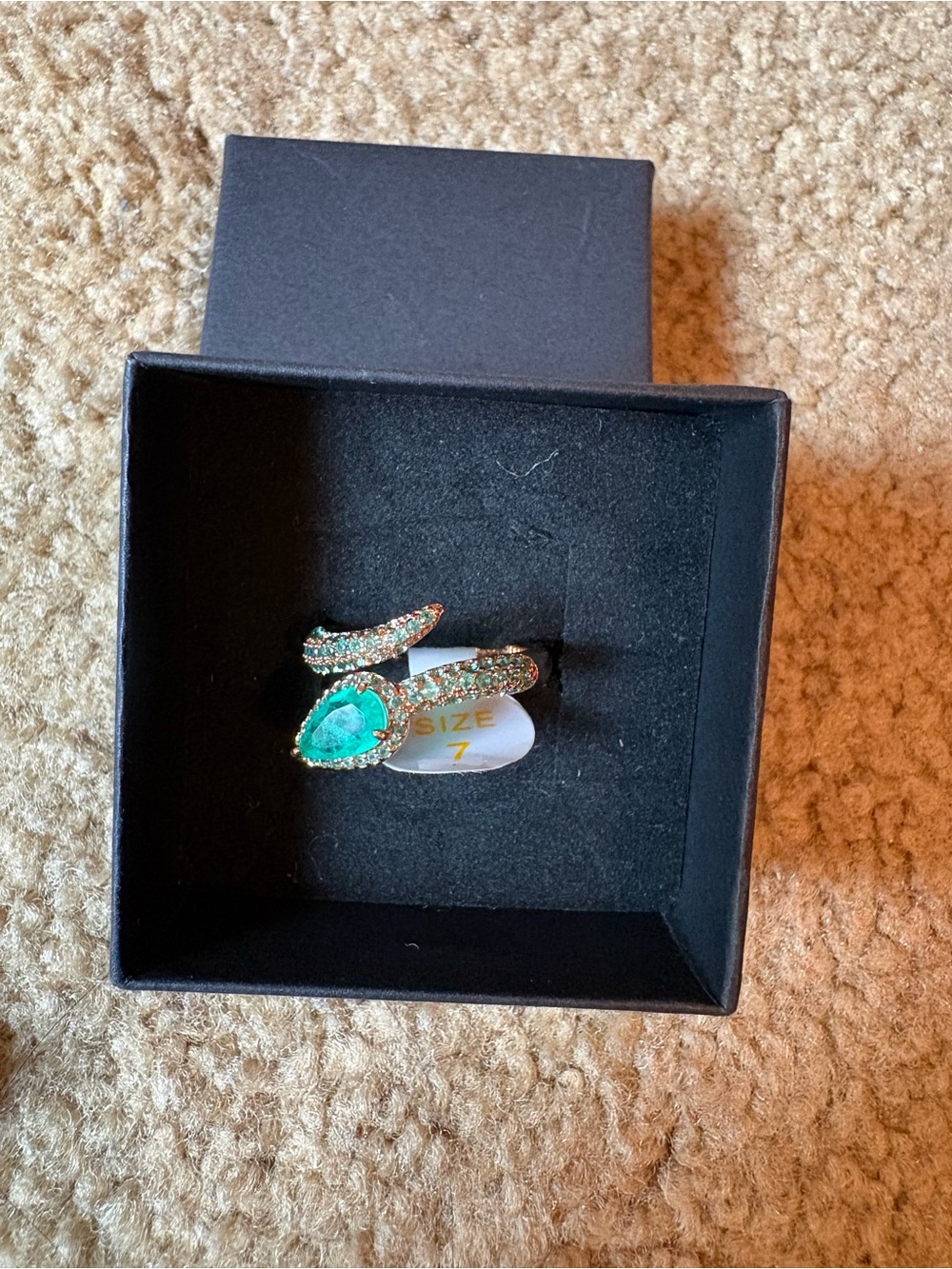 Gold Open Band Ring with Emerald Green Teardrop Crystal